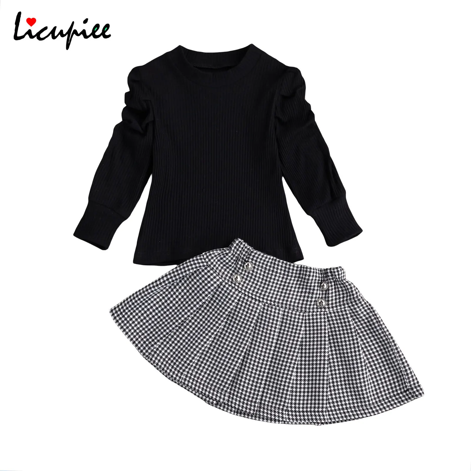 

1-7 Years Kids Girls Fashion 2-piece Outfit Set Puff Sleeve Solid Color Top+plaid Skirt Set Children Girls Solid Clothing Set