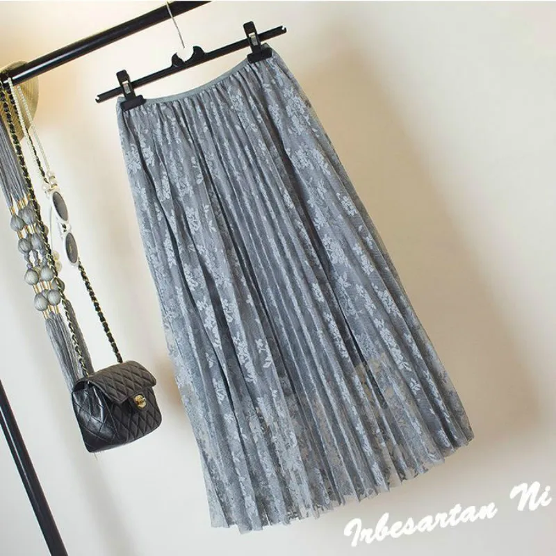High Waist Lace Skirts Casual Embroidered A-line Pleated Skirt Female Winter Faldas Lining Spring Autumn Mid-Calf Women