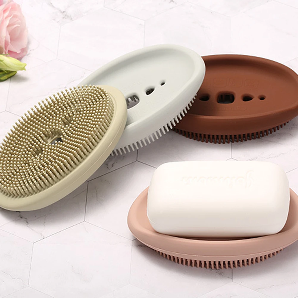

New Bathroom Silicone Soap Holder Flexible Soap Dishes Storage Holder Soapbox Plate Tray Drain Cleaning Brush Creative Bath Tool