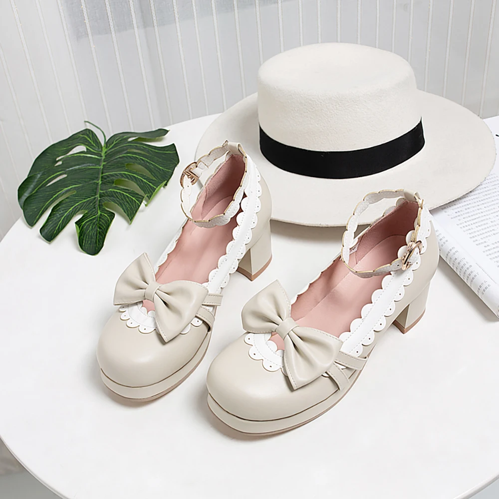 

WETKISS Sweet Ladies Shoes Butterfly Knot Lace Ankle Strap Girls Pumps Thick High Heels Platform Shoes Woman Princess Pumps