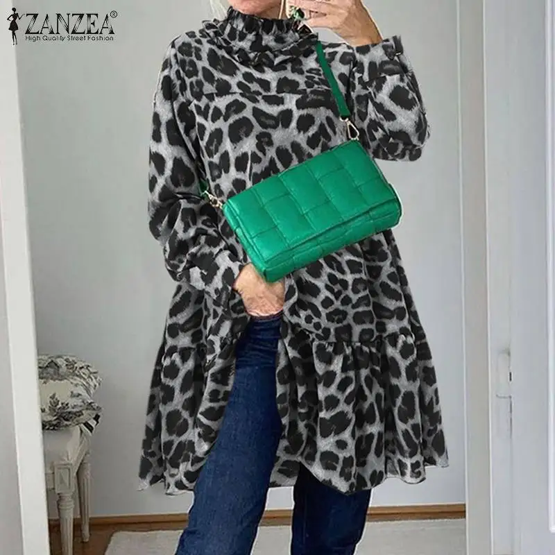 

Women Fashion Ruffle Blouse ZANZEA Oversized Female Chemise 2022 Leopard Printed A-line Top Tunic Casual Shirts Blusa Femininas