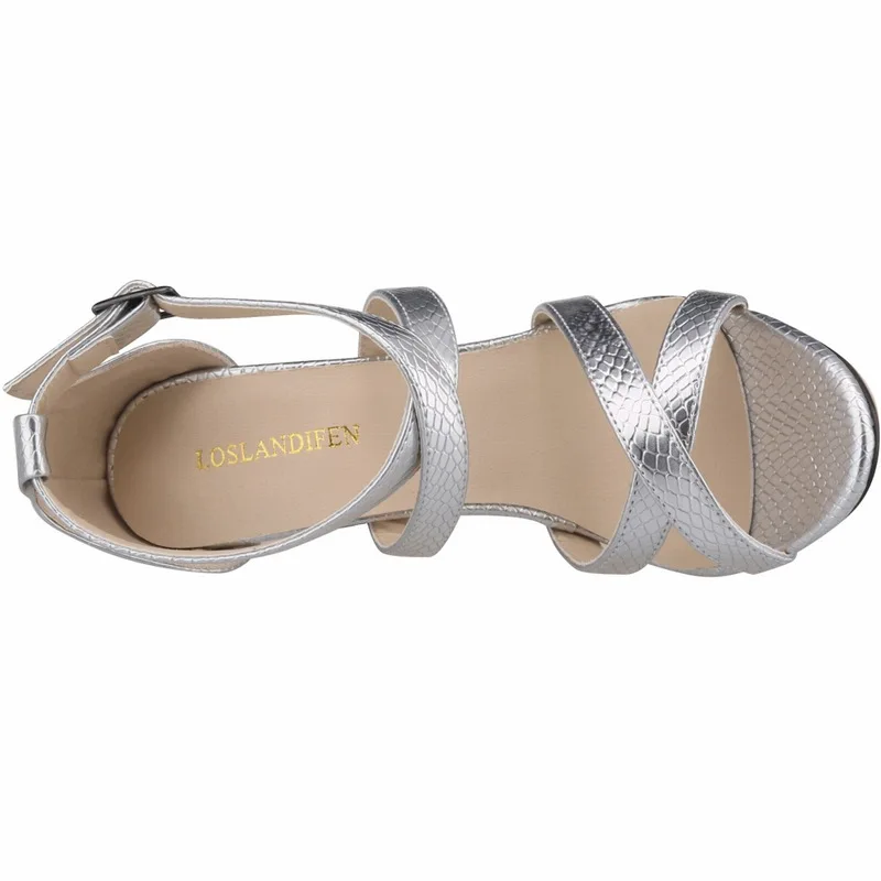 LOSLANDIFEN Модные женские крокодиловые сандалии с открытым носком на высоком каблуке