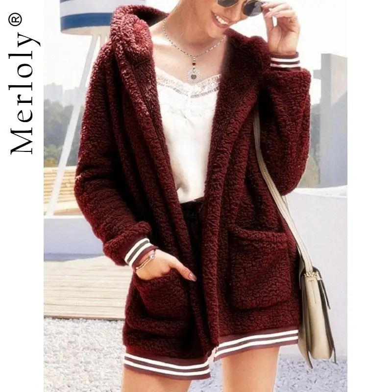 

2021 Faux Fur Coat Women Autumn Winter Plush Overcoat Pocket Buttonless Cardigan hood Outwear Thicken Warm Soft Long Fur Jacket