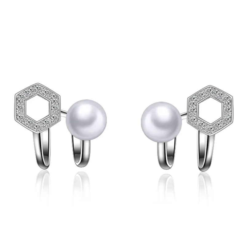 

Silver Plated Geometric Pearl Temperament Elegant Zircon Earrings Hexagonal CZ Earclip Simple Statement Female Jewelry