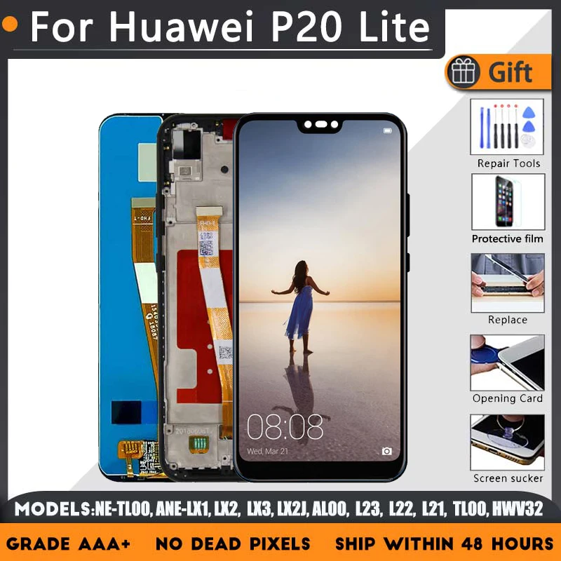 

ЖК-экран в сборе для HUAWEI P20 Lite, дисплей 5,84 дюйма с сенсорным стеклом, цвет черный/синий, оригинал