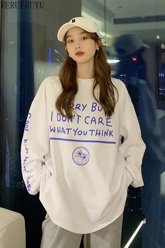 

WERUERUYU Womens Long Sleeves Letter Print Sweatershirt Comfortable Pullovers Tops Spring and Autumn White Ladies Tops