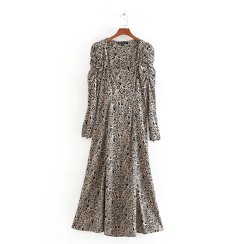 Платье миди с леопардовым принтом квадратным вырезом длинными рукавами пышными