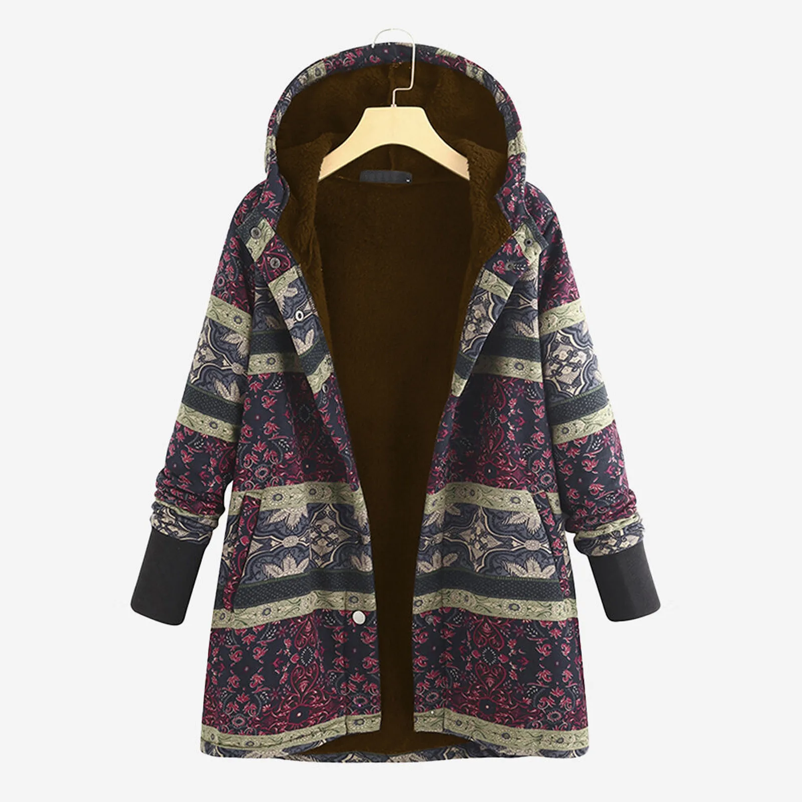 

Long Coat Women New Winter Vintage Flowers Print Fleece Hooded Plus Size Long Sleeve Jacket Coat