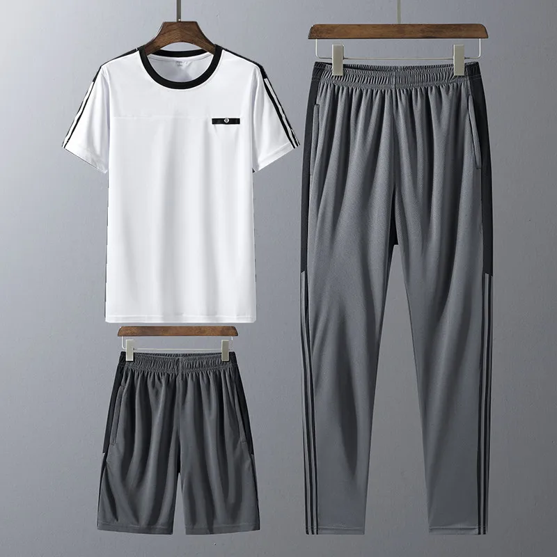 

2021 New Men Sportswear Trend Tracksuits Running Set Short-Sleeved T-shirt+Sports Shorts+Pants Male Casual Suits 3 Piece Set