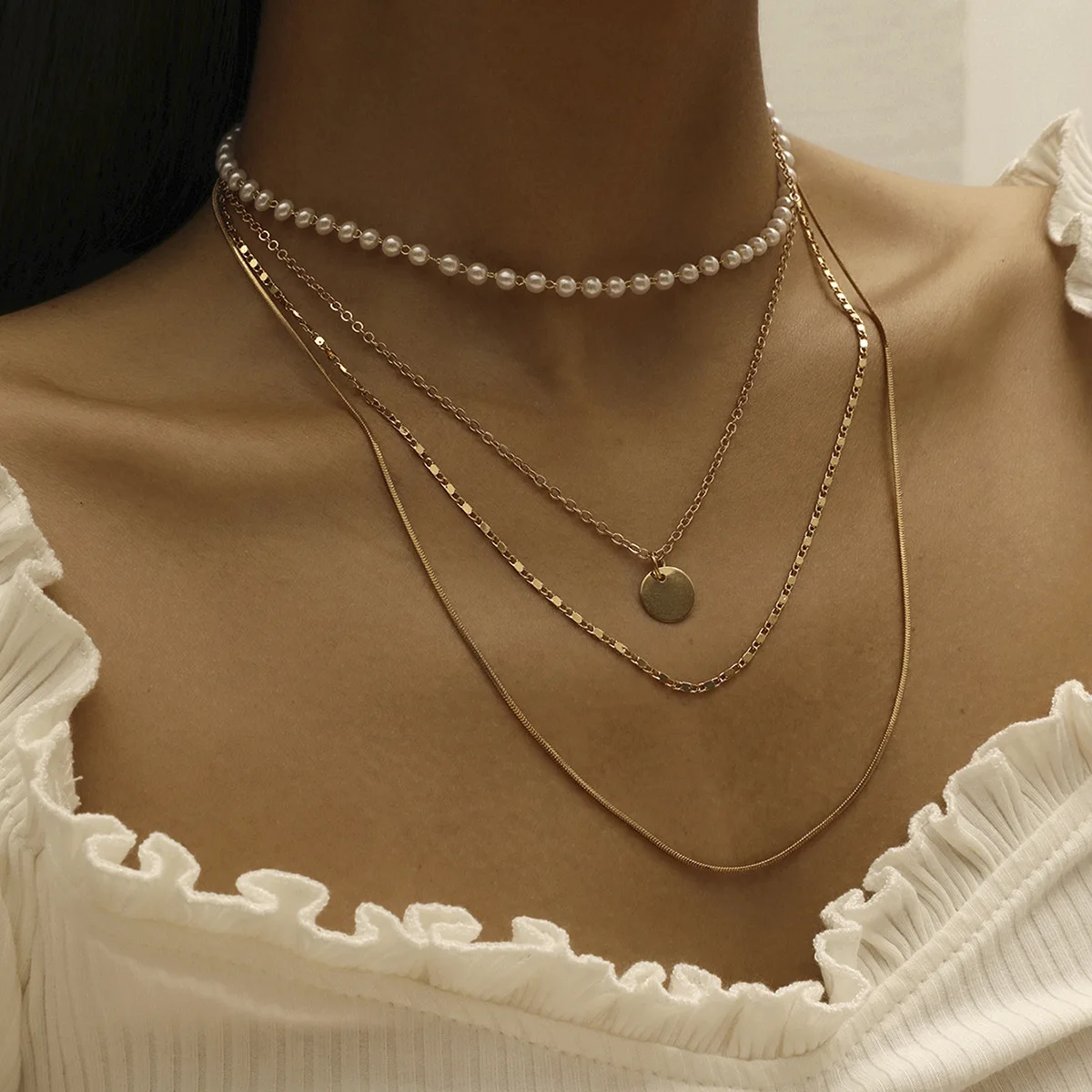

Sweater Chain Stainless Steel Jewelry Sets Golden Pendant Multi-layer Korean Fashion Retro Women's Neck Chain Pearl Necklace