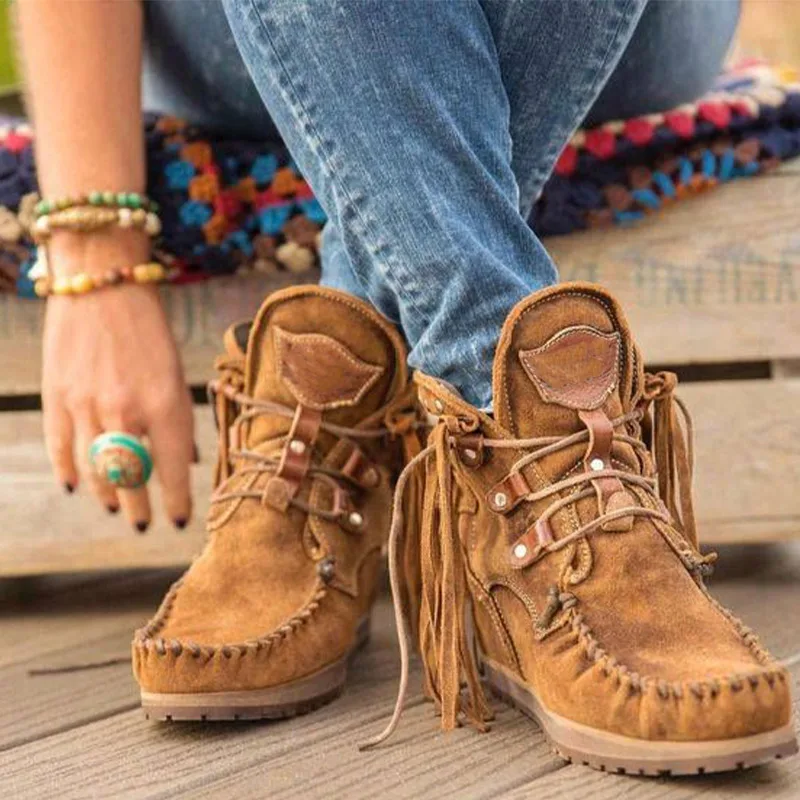 

Women's Shoes Lace Up Retro Ankle Boots Sewing Tassel Boots Shoes Women Booties Woman Winter 2021 Fashion New Hot Sale