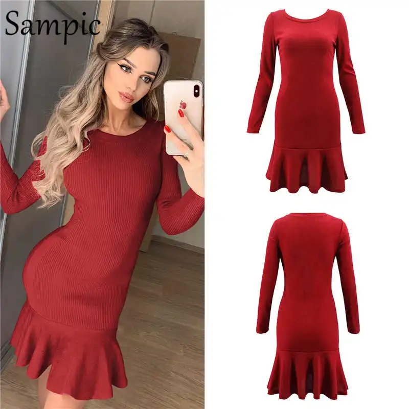 Red Sampic женское облегающее Круглая горловина вечерние зимнее платье элегантный оборками обернуть клуб осеннее платье с длинными рукавами - Цвет: Red