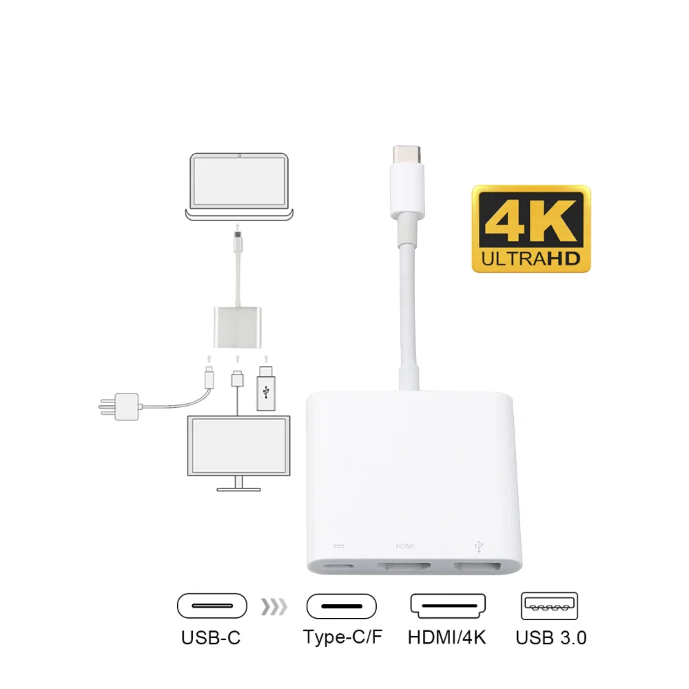 

Адаптер-концентратор kebidu Usb Type-C 3-в-1, USB-концентратор в HDMI, Usb 3,0, Type-C гнездовой адаптер с зарядным преобразователем для нового 04