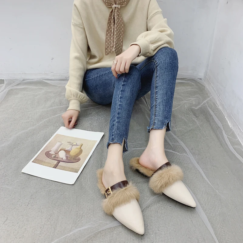 BeautyFeet/; женские летние меховые тапочки; женские плюшевые прозрачные сандалии из искусственного меха с квадратным носком; повседневные уличные шлепанцы на плоской подошве