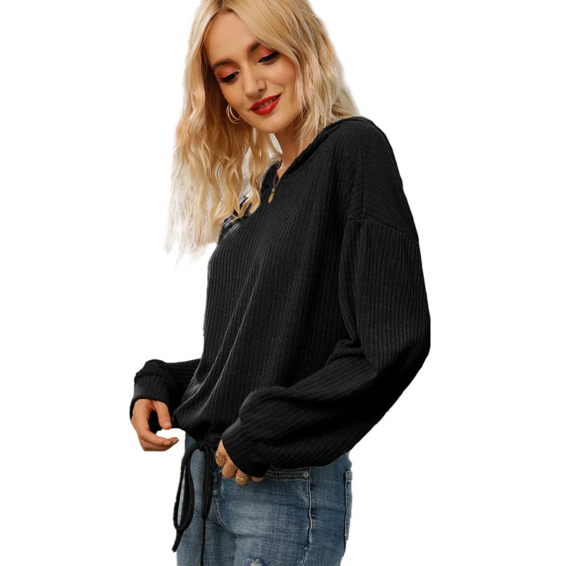 

Fall Nice Pop Long-sleeved Solid Color Hooded Knitted Spiral Hoodie Top Short Drawstring Fashion Casual Temperament Pullover