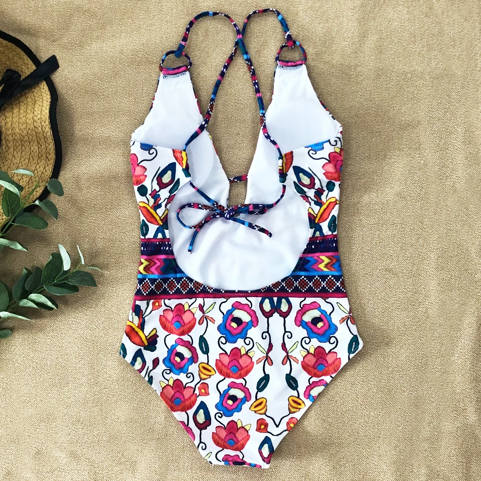 Женский слитный купальник с цветочным принтом сексуальный глубоким v образным