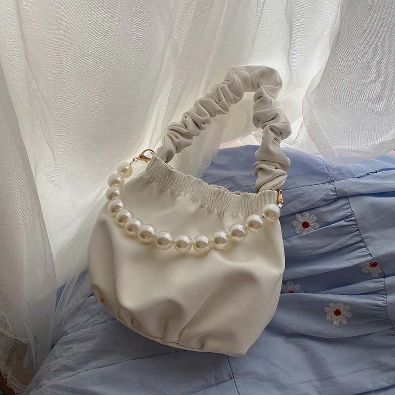 

Brand Pleated Soft Leather Handbags Elegant White Bucket Shoulder Bag Luxury Designer Pearl Totes Vintage Women Messenger Bags