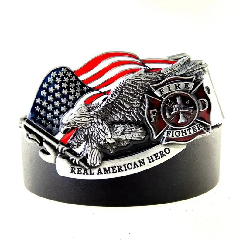 Black Casual Men Belts with Big Metal Buckle FIRE FIGHTER Eagle Holding The American National Flag Western Cowboy Accessories