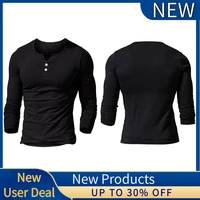 mens long sleeve springautumn t shirt v neck button casual solid black slim comfort tops all seasons inner wear daily tunics