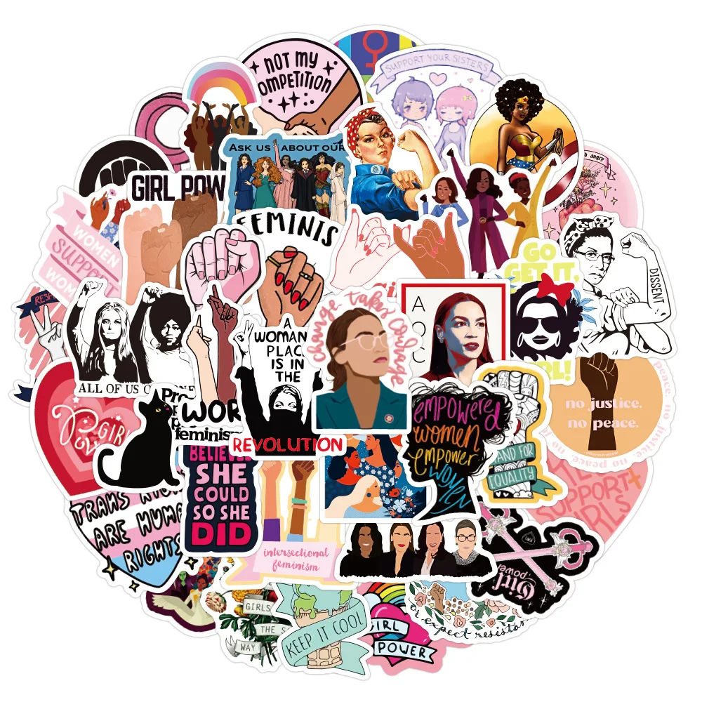 Pegatinas de dibujos animados de apoyo feminista para mujer, 10/30/50 uds, nevera, guitarra, port&aacute;til, motocicleta, viaje, impermeable-0