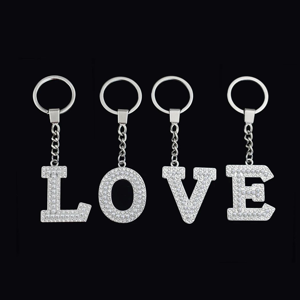 New Arrival 26 Letters A-Z Simulated Pearls Keychain Fashion Stainless Steel Keyrings For Women Couples Rhinestones Jewelry Gift | Украшения