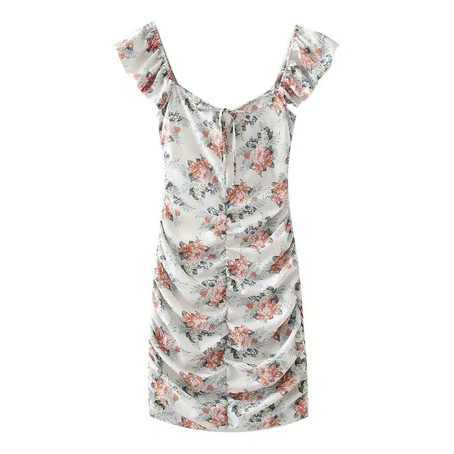 

Women Summer Floral Slim Fitting Dresses Romantic Sexy Drape Design Slash Neck Cap Sleeve Mini Length One Piece Holiday Dress