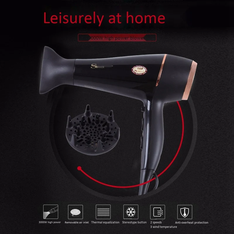 Surker Sk-63 Hair Dryer Temperature Control Overheat Protection 6-Speed Adjustment 3000W High Power Hot and Cold Air Blower with | Бытовая