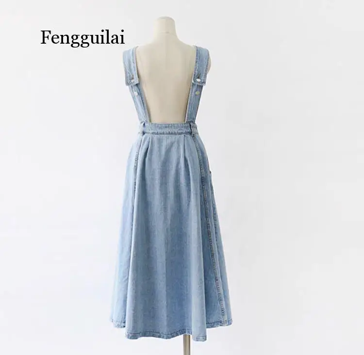 

Denim Dress Women Fashion Solid V Neck Sleeveless Backless With Button Pocket Mid Calf Cotton Strap Dress Office Lady