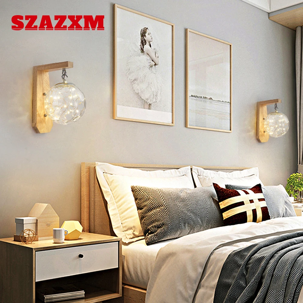 

SZAZXM glass wall lamp star sphere wood lamp arm for bedroom bedside lamp living room dining room decoration lamp warm light