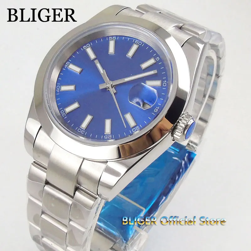Fashion 40mm blue dial men s watch men date magnifier luminous saphire glass polished bezel MIYOTA 8215 Automatic movement