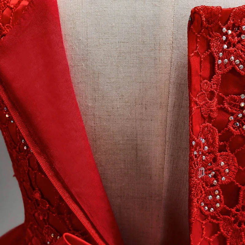 

Flower Girls Dresses Bow Crystal Embroidery Sleeveless Tulle Lace O-Neck Knee-Length Luxury Red Kids Party Princess Gown F261