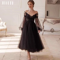 jeheth black long sleeves tulle appliques prom dresses ankle length a line backless with bow graduation formal gown evening 2022