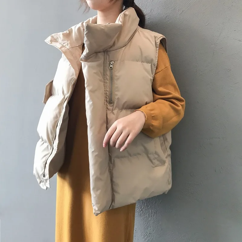 2019 winter жилет женский теплый simple безрукавка женская loose stand collar zipper cotton vest|Жилеты и