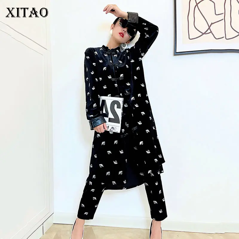 

XITAO Chinese Style Tang Suit Two-piece Sets Autumn New Pants Sets Fashion Vintage Contrast Color Little Swan Pattern ZY6525