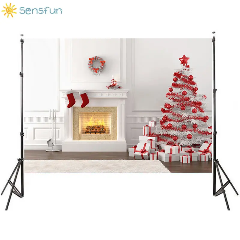 Декорации для фотосъемки Sensfun Рождественский фон камин дерево белая стена