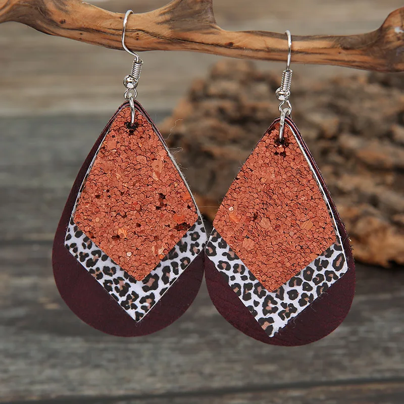 

New European and American Retro Diamond-shaped Sequin Multilayer Pu Earrings Creative Leopard-print Drop-shaped Leather Earrings