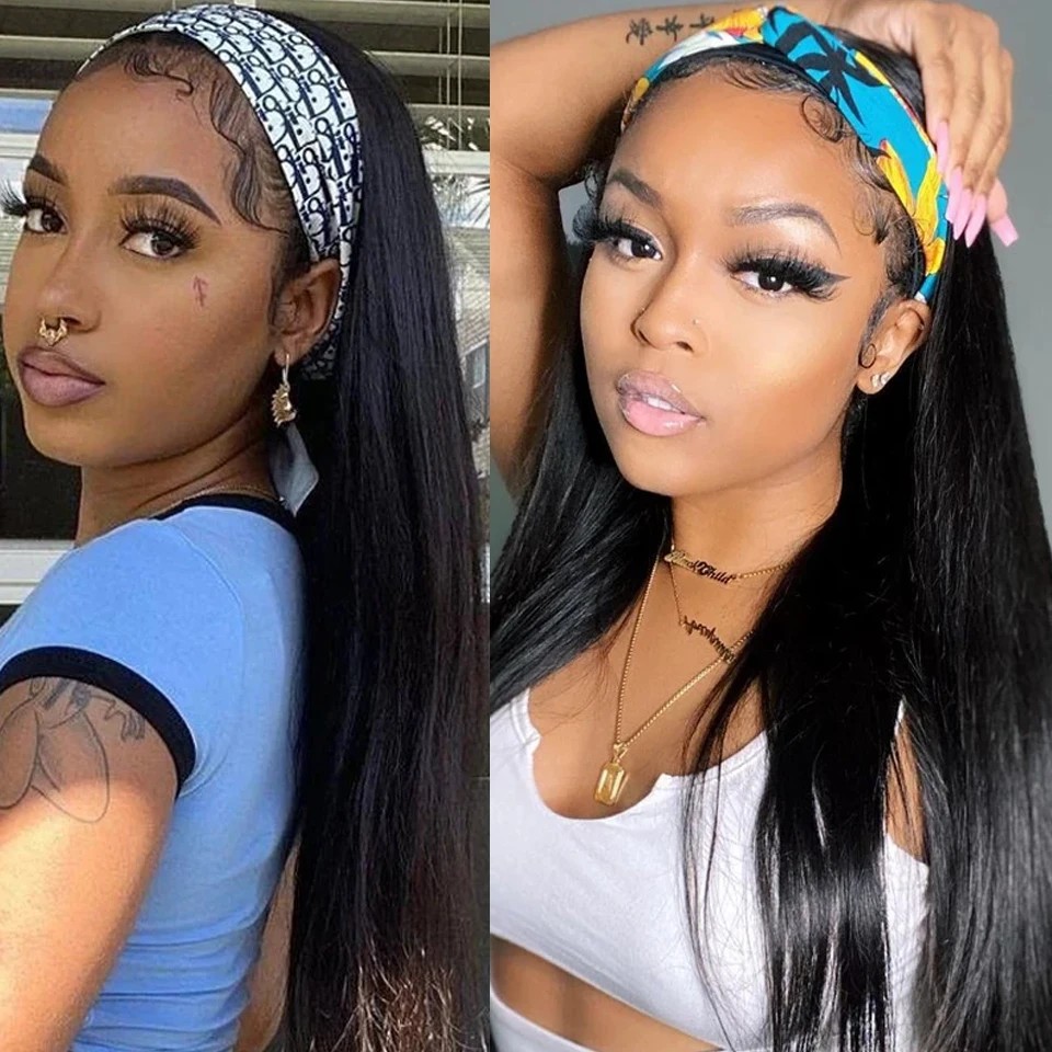 180 Density 26 28 Inches Straight Human Hair Wigs With Headbands Attached Non Lace Front Wig Black Color for Black women