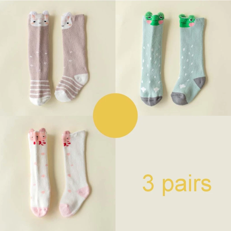 

3 Pairs Baby Knee High Socks Cartoon Animal Print Thick Terry Towel Leg Warmers 77HD
