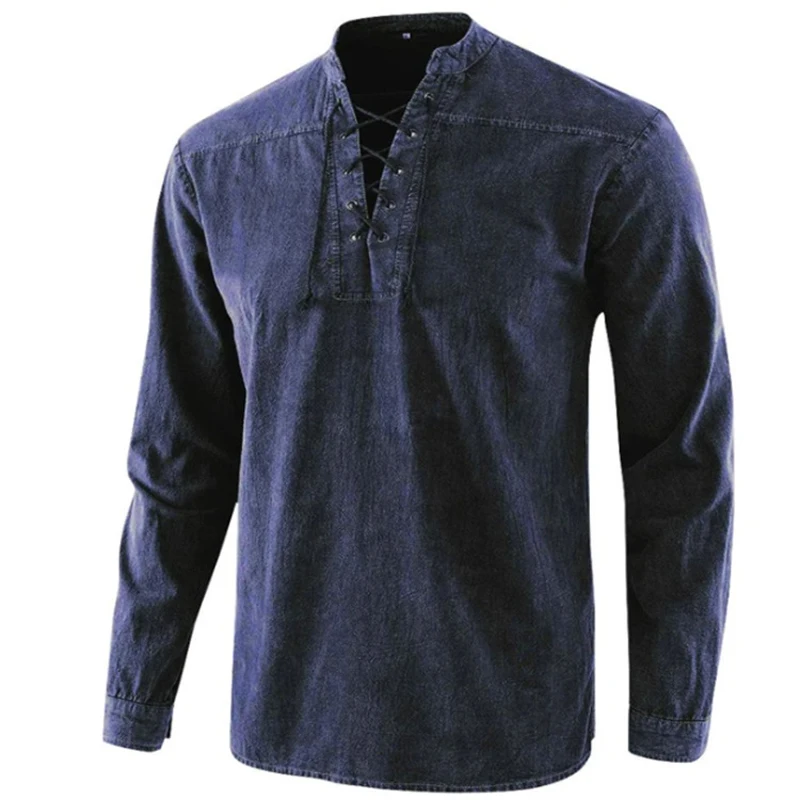 

Spring Autumn Pop Men Long Sleeve T Shirt Solid Color Vintage Lace Up Collar Loose Casual T-Shirts For Male Streetwear Tops