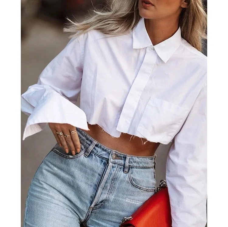 

Europe and America 2021 autumn new short long sleeve design sense black and white shirt temperament top sexy women's wear
