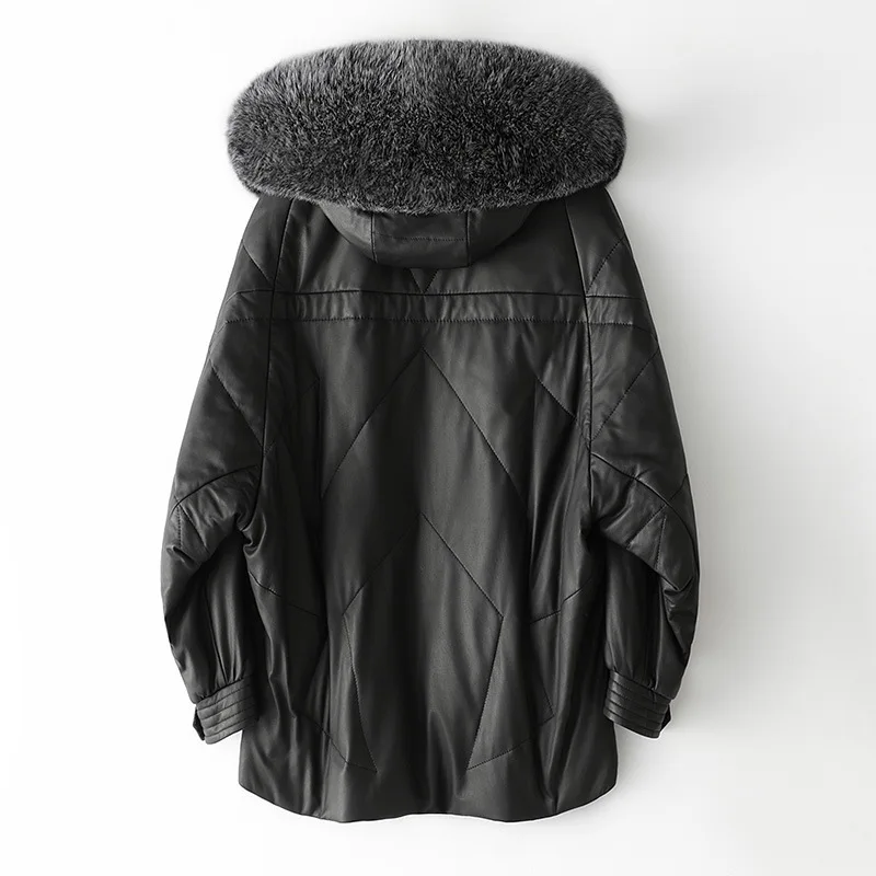 Autumn Formal New Mid-Length Sheep Skin Down Jacket Winter Black Loose Fox Fur Hooded Zipper Woman Coat with Pockets