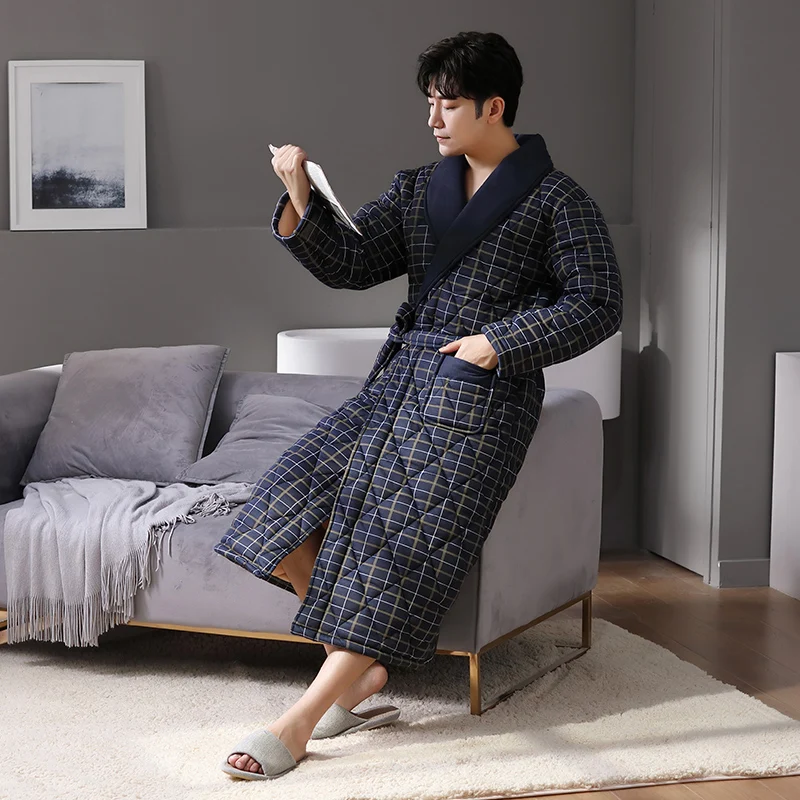 Winter Robe Thick Warm Men's 3 Layer Cotton Robe Long Sleeve Comfortable Soft Plaid Male Bathrobe L-XXXXL