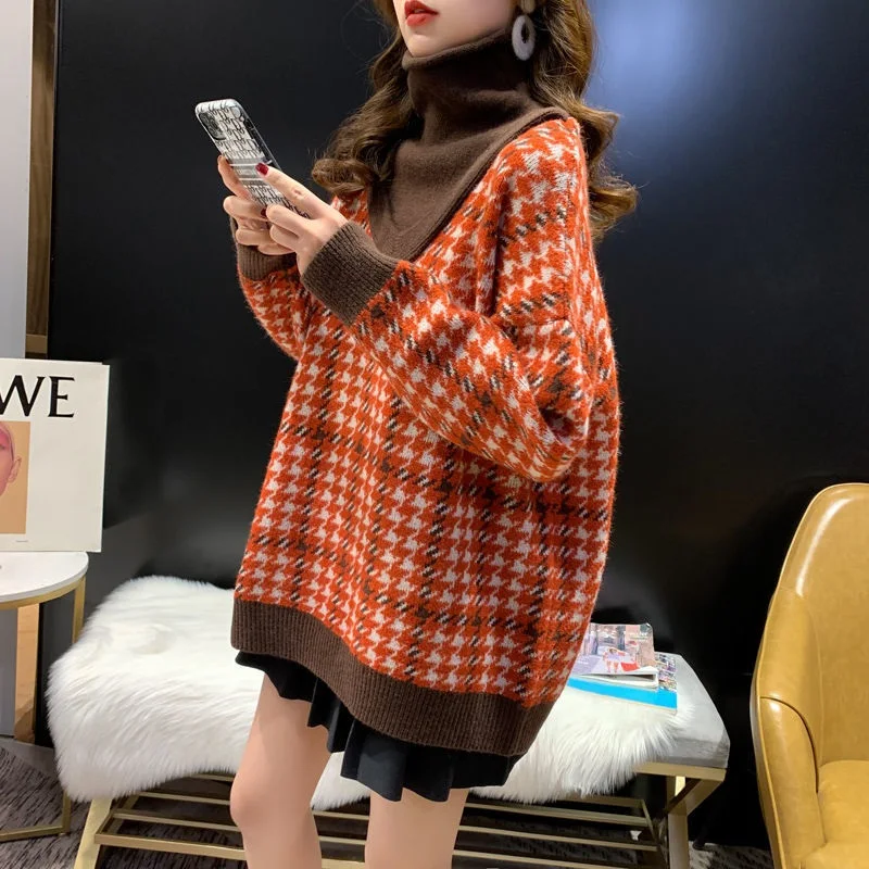 

Fashion fake two-piece sweater women 2020 new Korean version loose turtleneck woman thickened base knitted top sweater TYJTJY