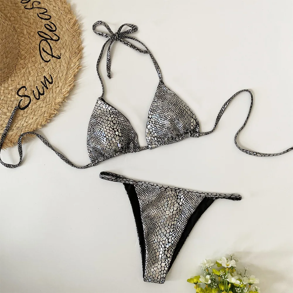 

Luxury Silver Sequin Shining Swimwear Sexy Snake Skin Micro Bikini Set Two Pieces Lace Up Low Waist Mini Bathing Suits
