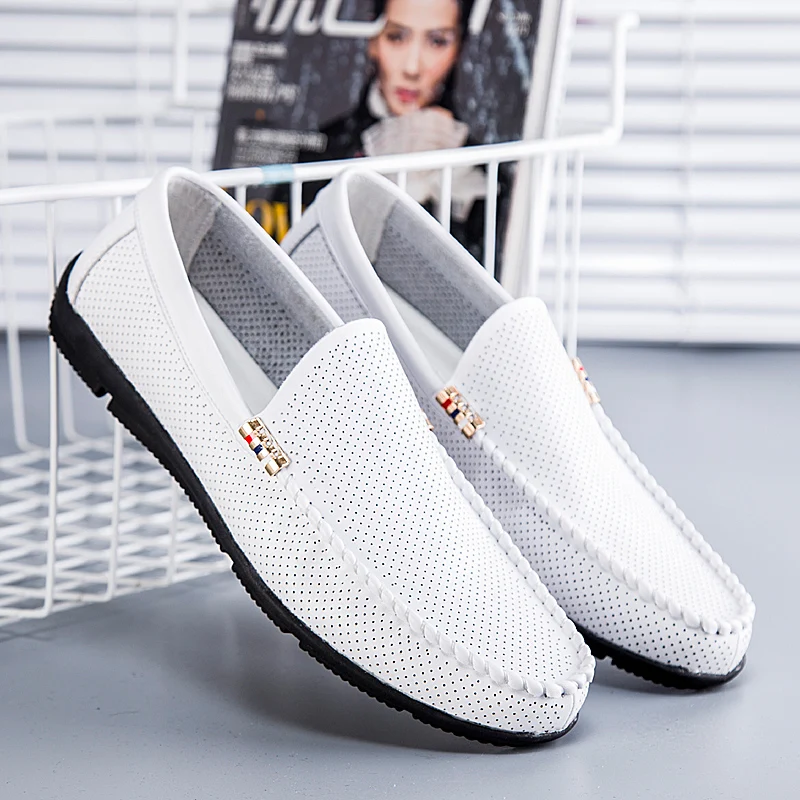 

Лоферы мужские из натуральной кожи, мягкая удобная повседневная обувь без застежки, обувь для вождения, цвет белый