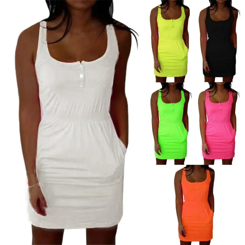 

Women Summer Sleeveless Mini Beach Dress Club Wear Knee Length Bodycon Plus Size