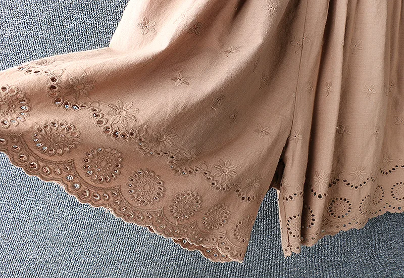 

2020 New Summer Japan Style Fresh Elasticated Waist Hollow out embroidery Cotton linen loose wide-leg Pants
