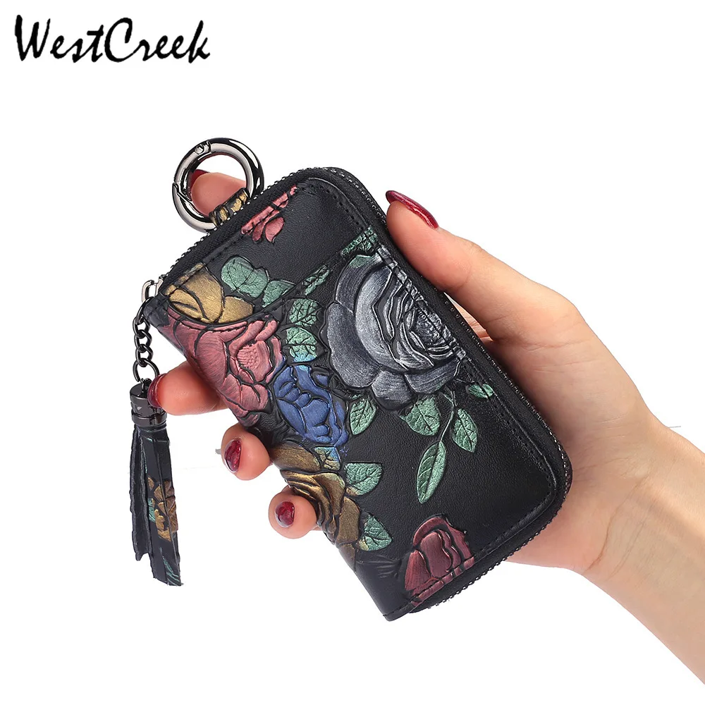 WESTCREEK бренд Винтаж тиснением кожаная ключница для женщин с кисточками органайзер
