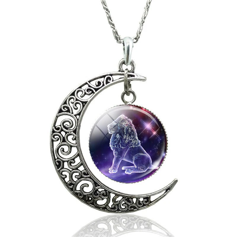 12 Constellation Necklace Zodiac Signs Cabochon Glass Crescent Moon Pendant Clavicle chain Birthday Gifts for Women | Украшения и