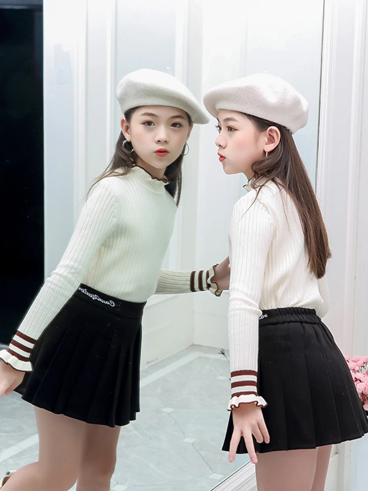Baby Girls Ribbed Fitted Sweater 2020 Kids Knitted Sweaters Solid Color Pearl Autumn Fashion Children Clothing | Мать и ребенок